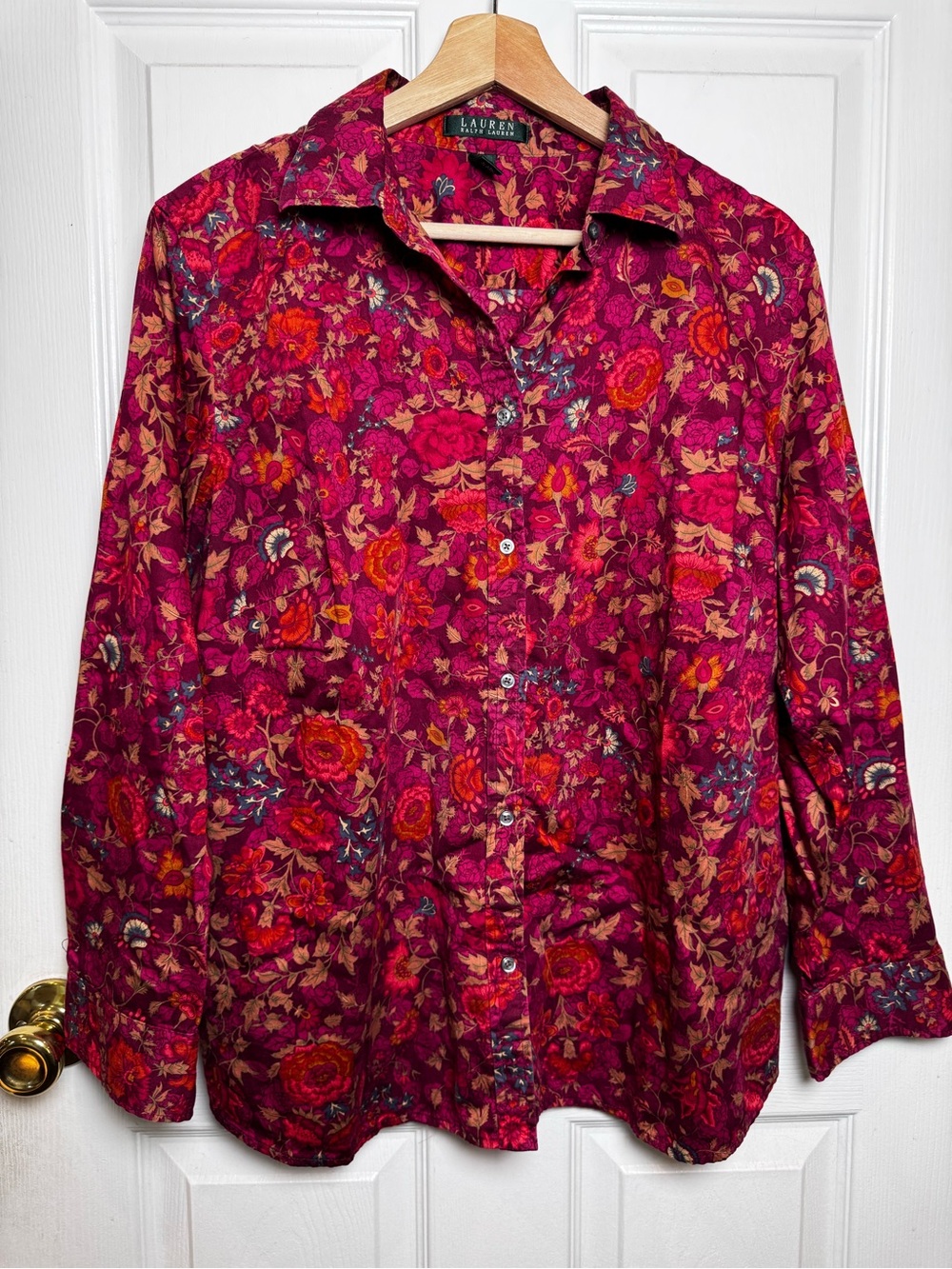 Lauren Ralph Lauren 1X Burgundy Floral Cotton Button Down Fall Shirt